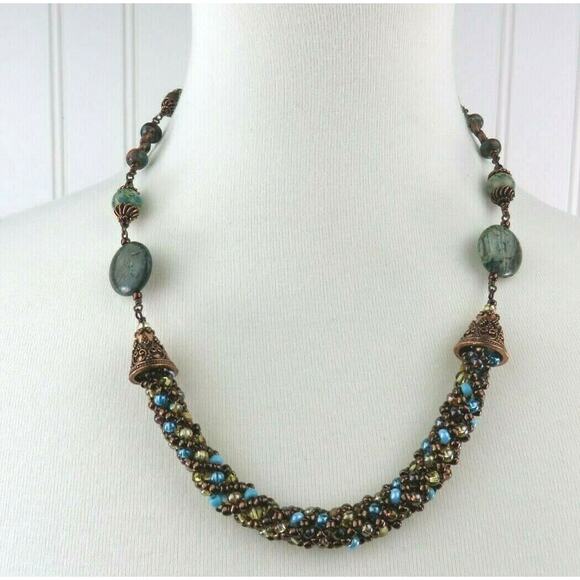 Statement Necklace Turquoise Howlite Beryl Color Copper Tone Metal Ornate Beads - Picture 2 of 12